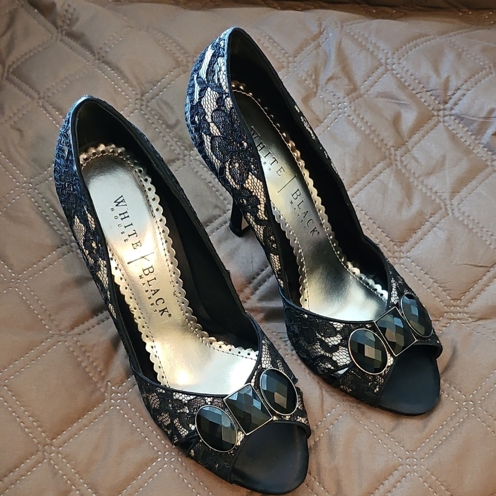 White House Black Market Women's Lace Peep-Toe Heels
